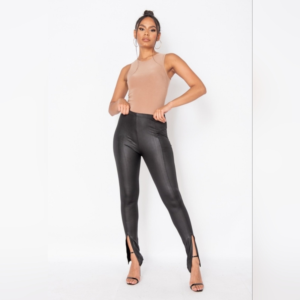Parisian Black Wet Look Split Front Leggings
